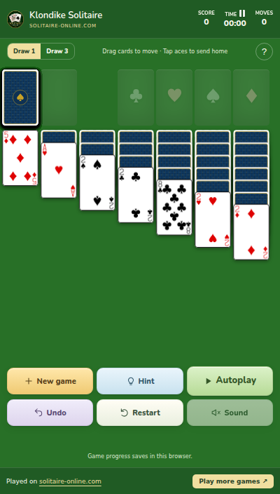 Actual Klondike extension screenshot, with original cards, Hint, Autoplay, Undo, and Restart