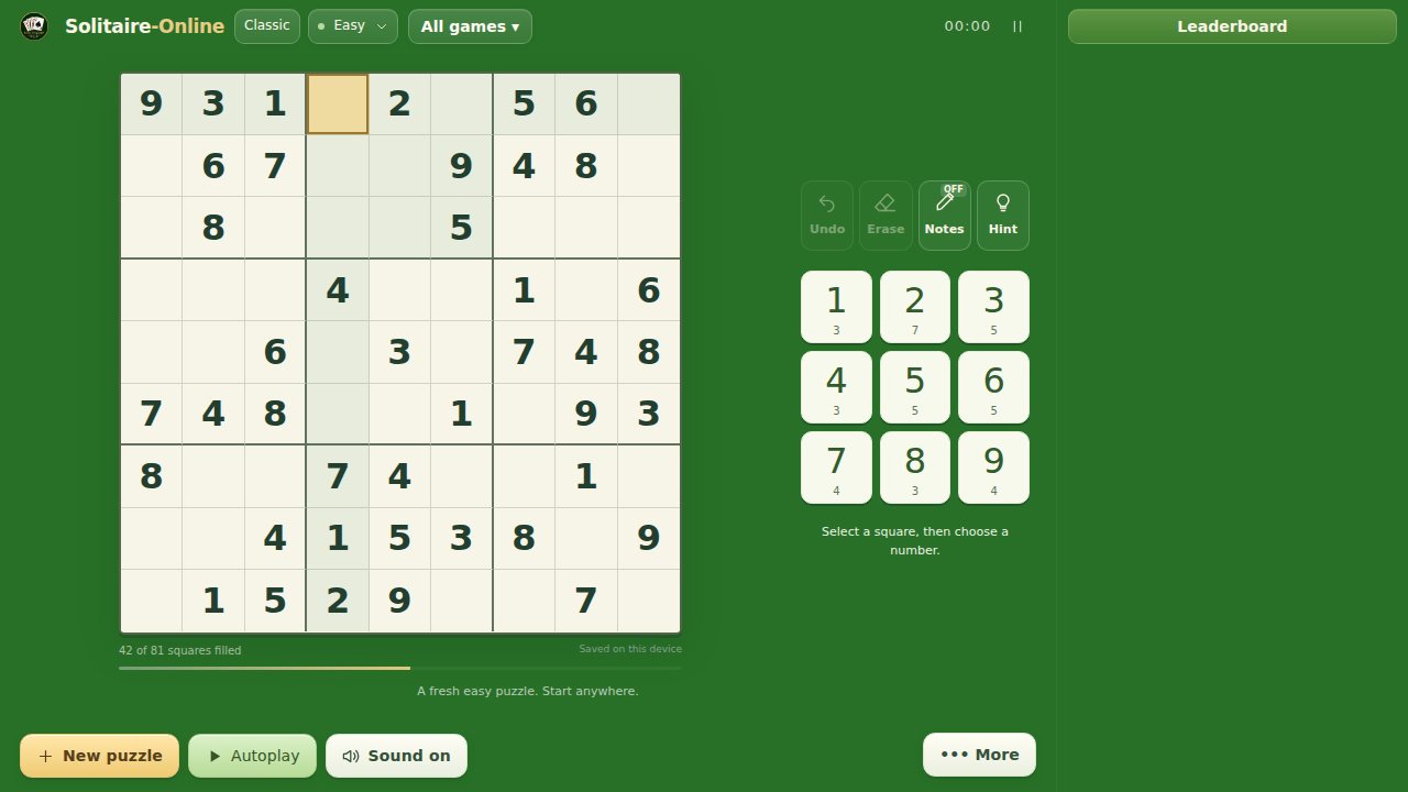 Ein Sudoku-Puzzle im Gange, das 9 mal 9 Raster, Zahlenblock und Lösungswerkzeuge zeigt