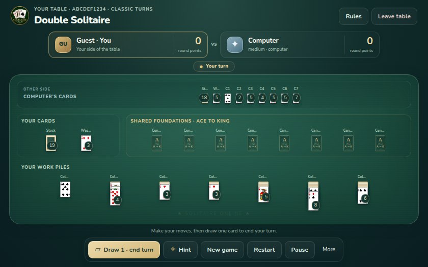 Doble Solitario juego en progreso en Solitaire Online, mostrando las cartas y posiciones de jugador